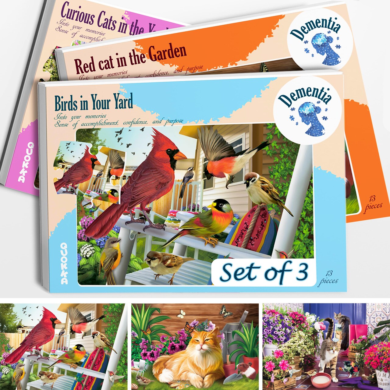 QUOKKA 13 Piece Dementia Activities for Adults - 3 Set Dementia Puzzles for Elderly - Large Piece Gifts Products for Seniors - Alzheimers Jigsaw Puzzle Games for Adults with Birds and Cats